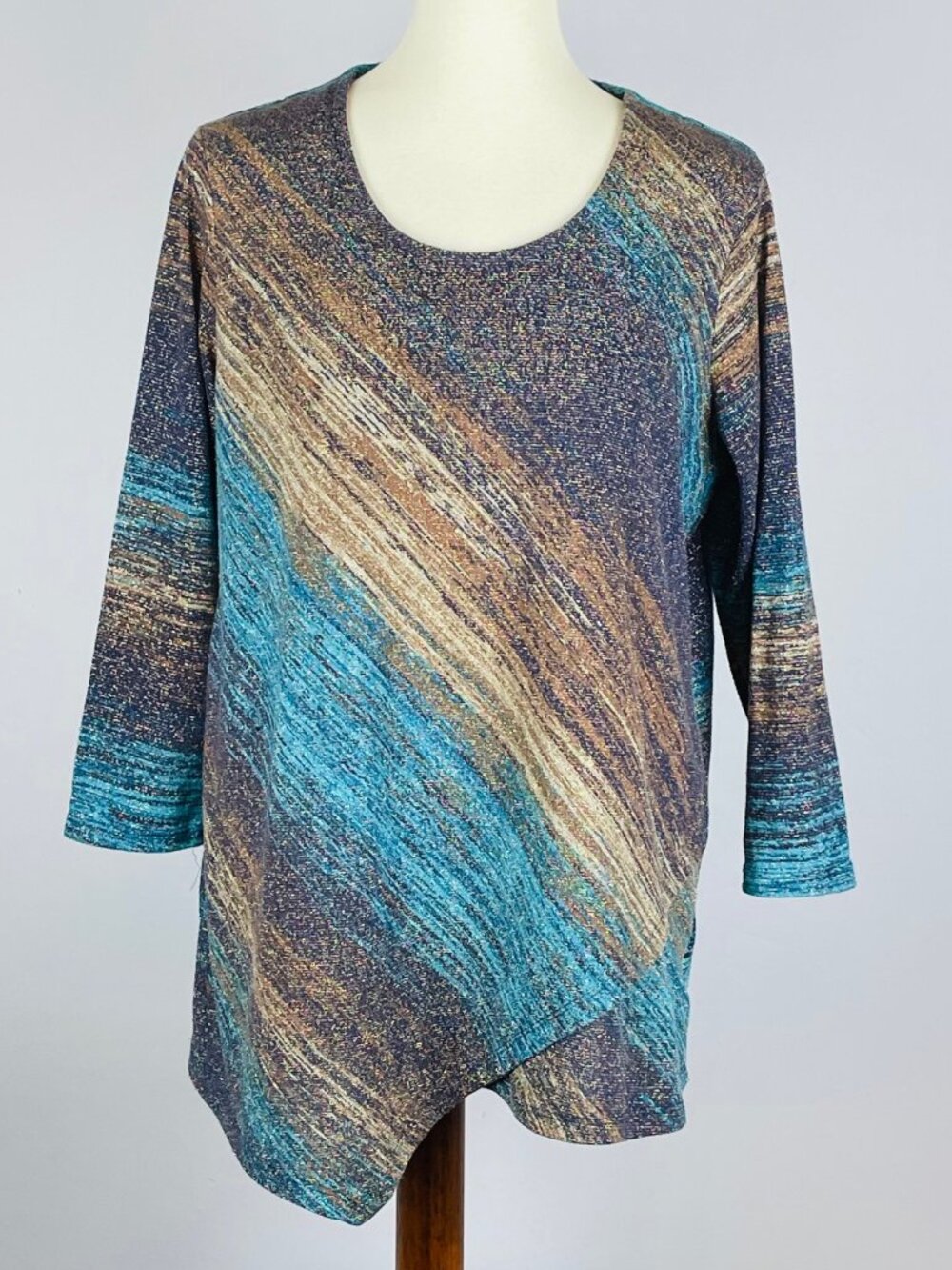 JM Collection Woman Asymmetric Tunic Sweater Sz OX Brown Blue Autumnal Sparkle